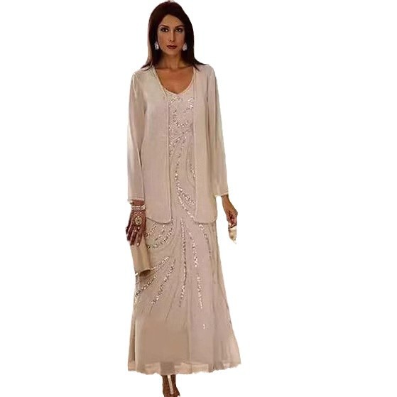 V-neck Dress Sequined Jacket Long-sleeved Chiffon Bride Mom Dress
