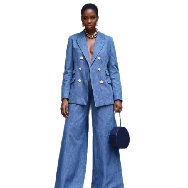 Womens Solid Color Metal Button Fashion Suit Pants Set Blue - Shop at LoveMi