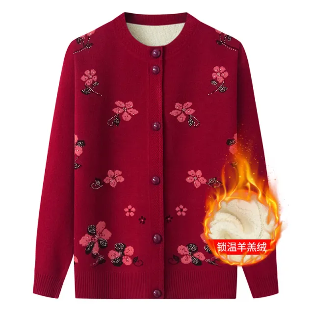Thermal Underwear Fleece lined Thickened Grandma Sweater Coat For Women Wine - Shop at LoveMi