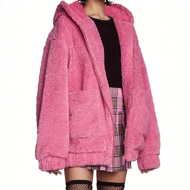 Plush Coat Female Temperament Hooded Fur With Pockets Rose Red - Shop at LoveMi
