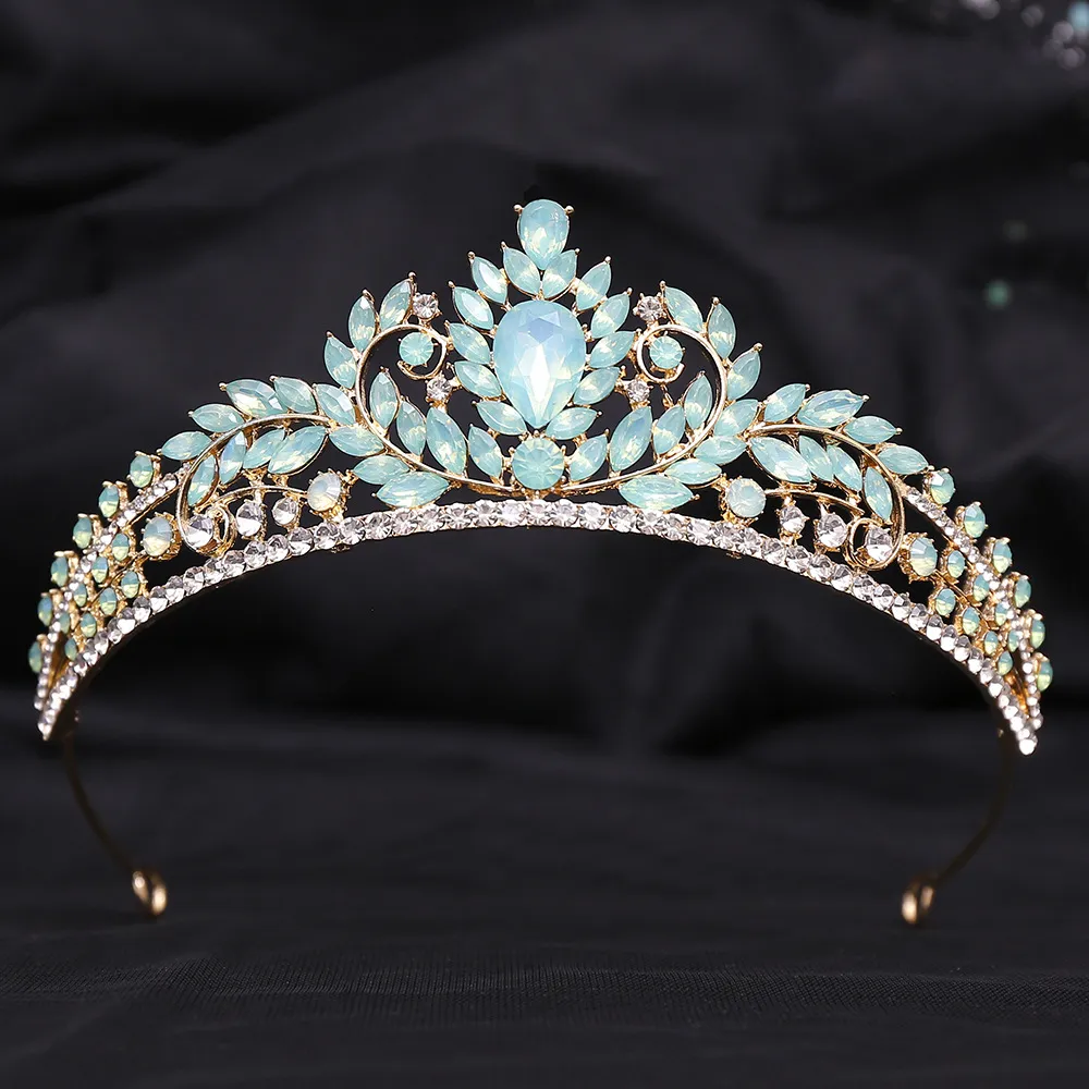 Wedding Birthday Headdress Crown Alloy Inlaid Protein Green Bright Crystal Bride - H1379Kc