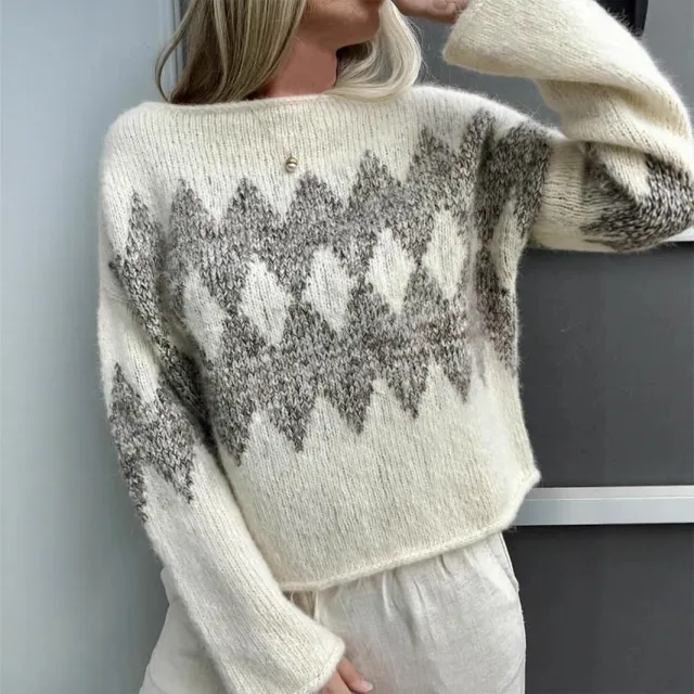 Women's Casual Simple Round Neck Jacquard Knitted Top White - Shop at LoveMi