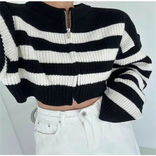 Women's Loose Round Neck Striped Sweater Black - Shop at LoveMi