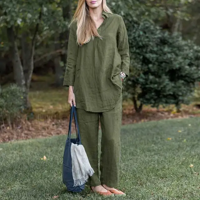 Loose Long Sleeve Shirt Wide Leg Pants Elegant Casual Retro Suit Green - Shop at LoveMi
