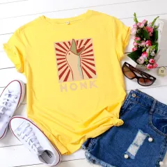 Vintage HONK Goose Print Crew Neck Casual Cotton Short Sleeve T-shirt - Yellow - View 1