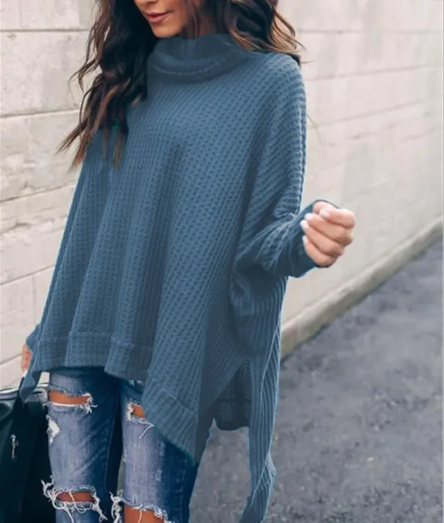 Autumn New Fashion High Collar Long Sleeve Irregular Women's Top Sweater Dark Blue - Shop at LoveMi