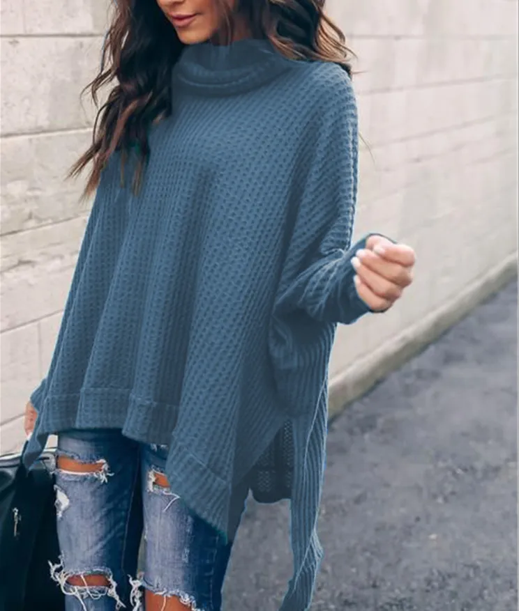 Autumn New Fashion High Collar Long Sleeve Irregular Women's Top Sweater - Dark Blue