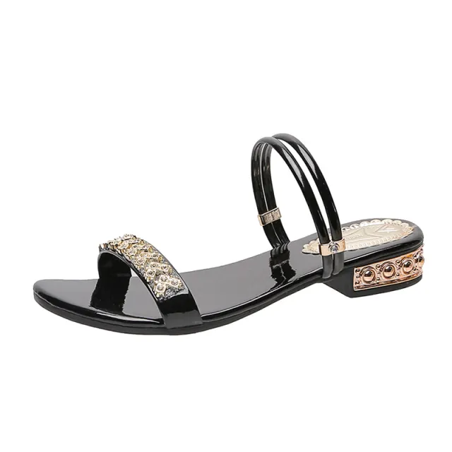 Korean Fashion Fairy Style Middle Heel Rhinestone Sandals Black - Shop at LoveMi