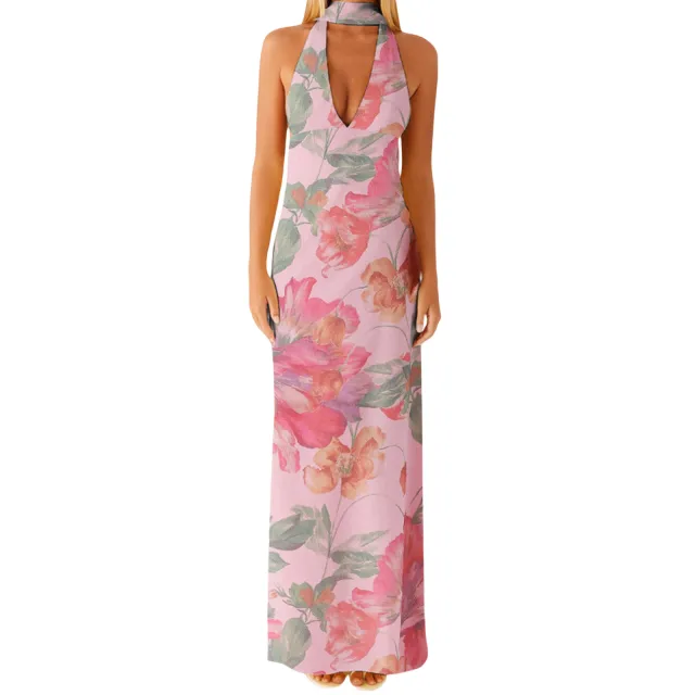 Womens Floral Halterneck Deep V Neck Backless Bodycon Maxi Dress Floral - Shop at LoveMi