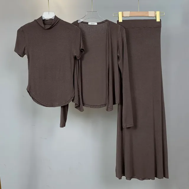 Semi high Neck Short sleeve T shirt Cardigan Fishtail Skirt Three piece Set For Women Brown - Shop at LoveMi