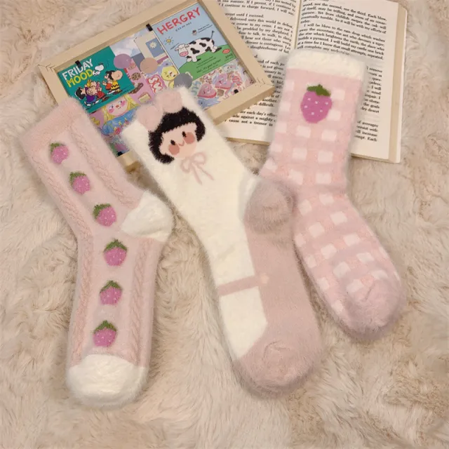 Dehaired Angora Socks For Women Autumn And Winter Thickening Warm keeping Socks Room Socks Plush Soft And Breathable Strawberry - Shop at LoveMi