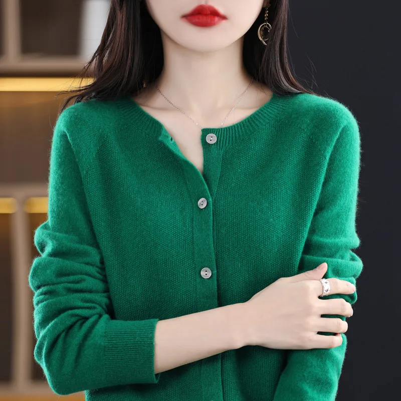 Women's Cashmere Cardigan O-neck Loose Sweaters Top Fashion Merino Wool Knitwear Autumn Winter Female Clothing Tops - Emerald-M