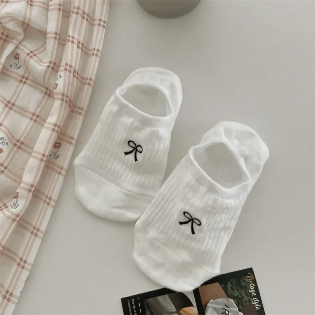 Bow Embroidery Cotton Women's Low cut Liners Socks White - Shop at LoveMi