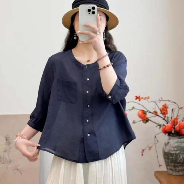 All matching Western Style Cotton And Linen Short Sleeve Shirt Navy Blue - Shop at LoveMi