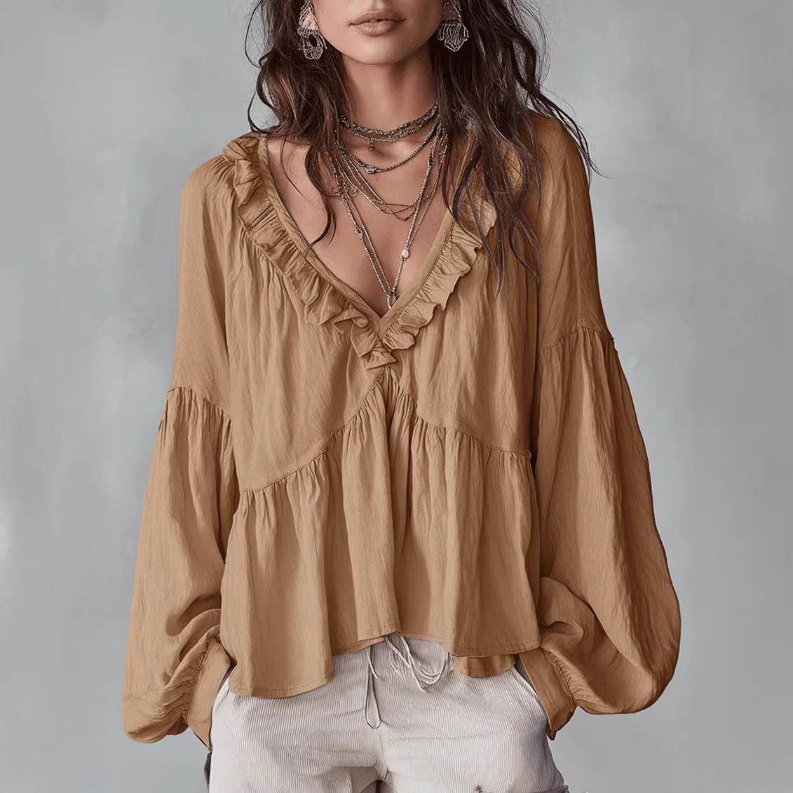 Ruffle-trimmed Puff-sleeve Pleated Blouse