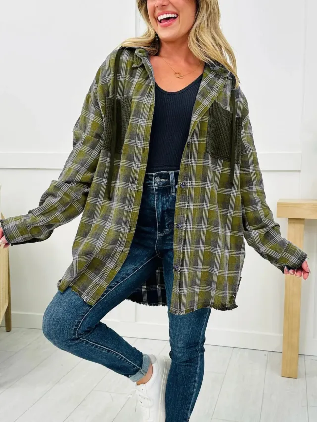 Casual Fashion Waffle Stitching Plaid Hooded Shirt Green - Shop at LoveMi