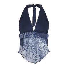New Slim Fit Backless V-neck Halter Sling Top For Women - Blue - View 1
