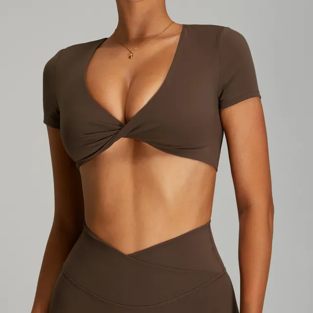 European And American Quick drying Backless Women's Sexy Yoga Short Sleeve Dark Brown - Shop at LoveMi