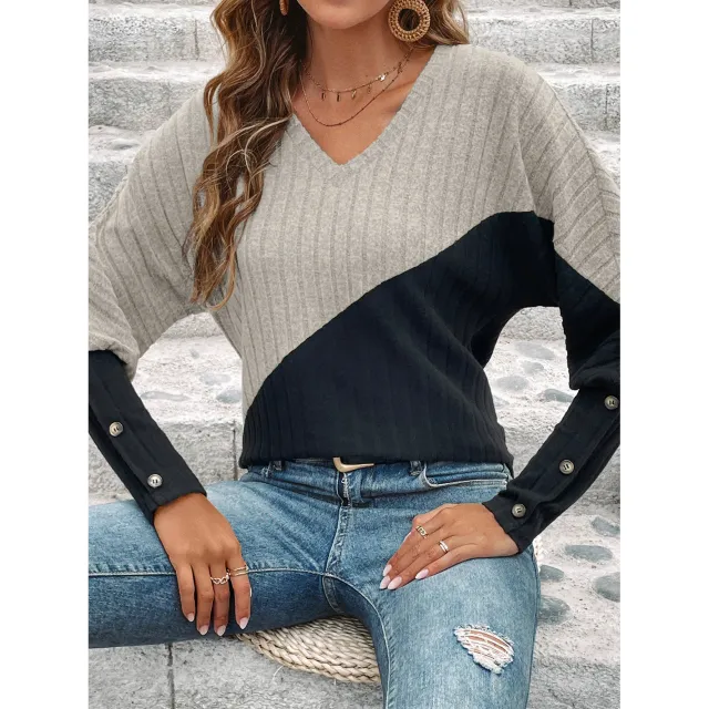 Long Sleeve V collar Contrast Color Slimming Top Khaki - Shop at LoveMi