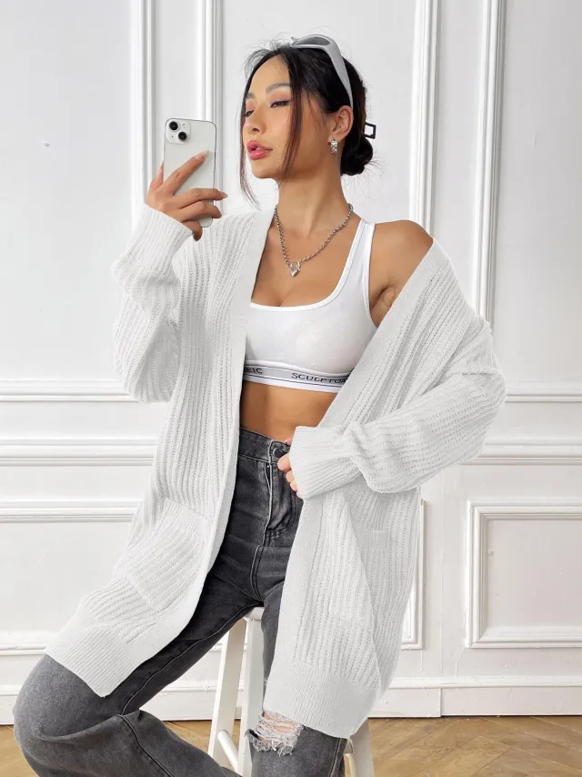 New Double Pocket Simple Casual Sweater Cardigan White - Shop at LoveMi