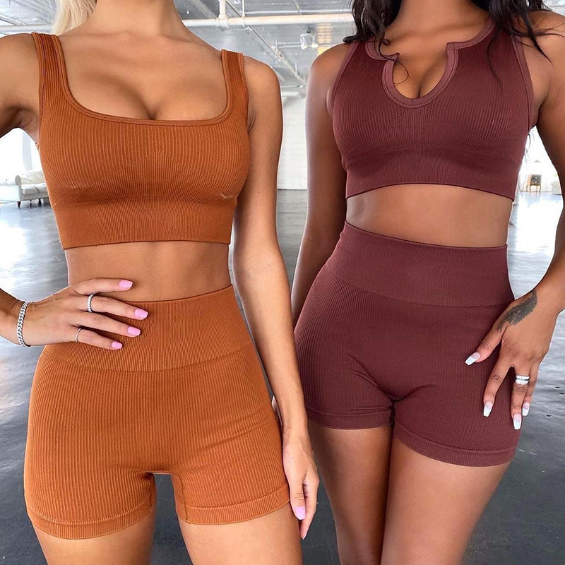 Seamless Knitted Sports Short-Sleeve Shorts Yoga Wear Yoga Set For Women - Image 1