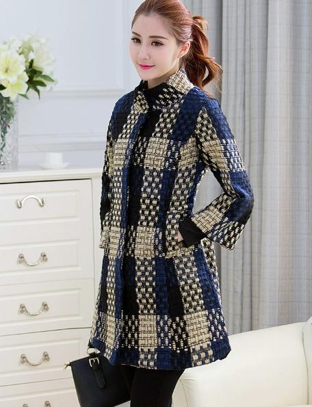 Woolen New Slim fit Mid length 34 Sleeve Stand Collar Thick Flower Woolen Coat Navy Grid - Shop at LoveMi