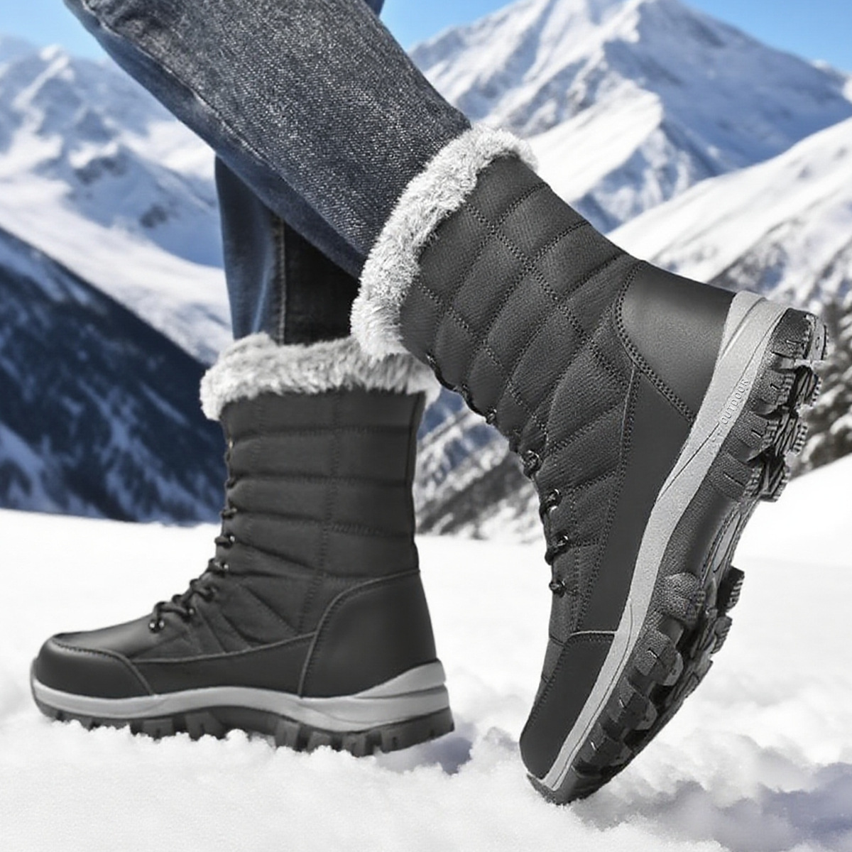 Mens Non-Slip Thickened Extra-Long-Pile Outdoor Sports Boots