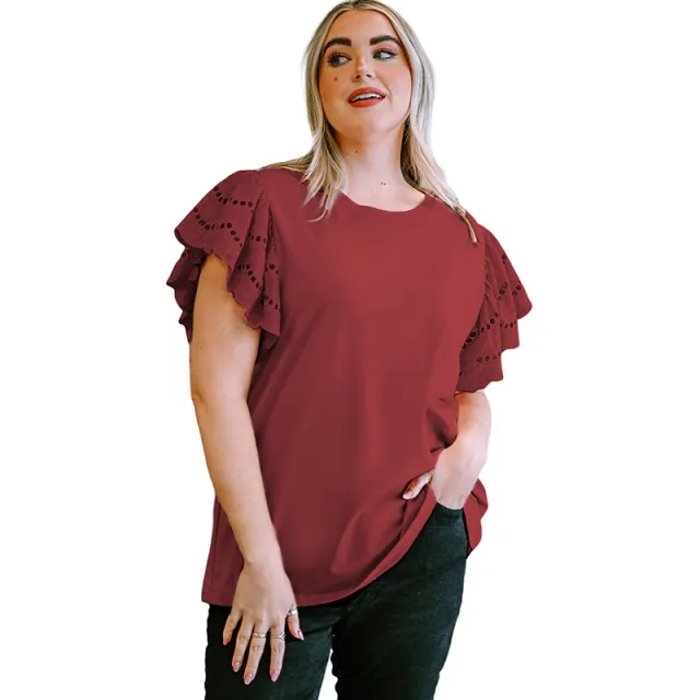 Female Lace Hollow Out Versatile Casual Short Sleeved Shirt Red - Shop at LoveMi