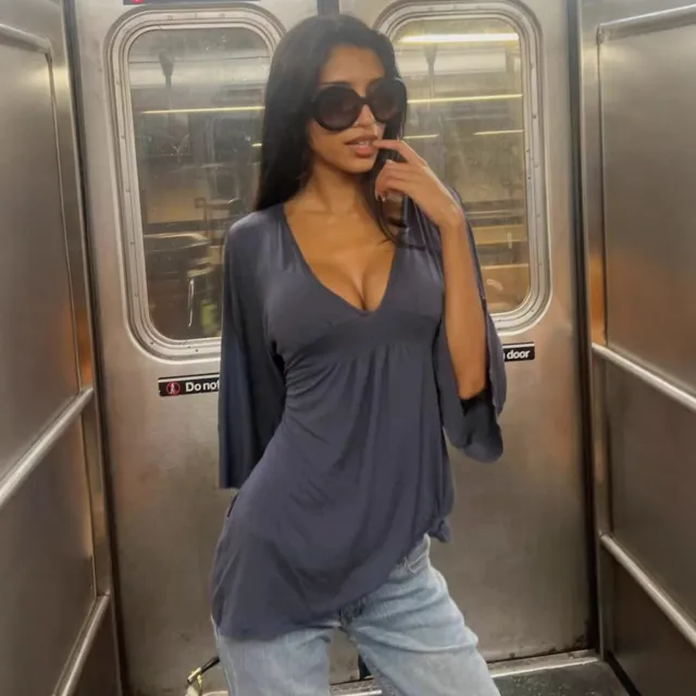 Sexy Deep V neck Trumpet Mid length Sleeve Top For Women Gray - Shop at LoveMi