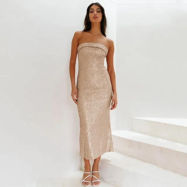 Sexy Tube Top Women's Clothing Sequins Dress Hollow Out Apricot - Shop at LoveMi