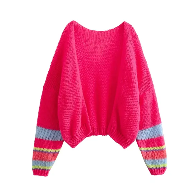 Lantern Sleeve Tie dyed Knitted Cardigan Sweater Coat Rose Red - Shop at LoveMi