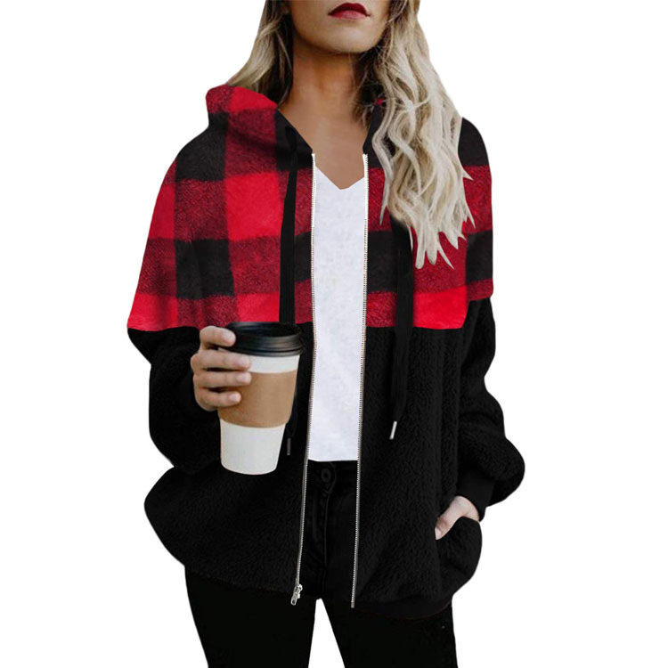 Plaid Color Matching Plush Hooded Sweater Zipper Jacket Red Plaid - Shop at LoveMi