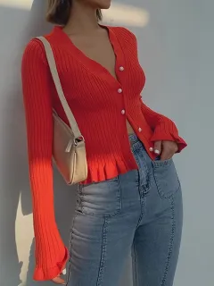 Women's V-neck Flounce Knitted Cardigan Sweater - Red - View 1