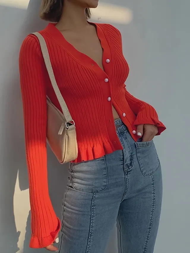 Women's V neck Flounce Knitted Cardigan Sweater Orange Red - Shop at LoveMi