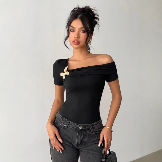 Womens Solid Color Elegant Minimalist Off Shoulder Top Black - Shop at LoveMi