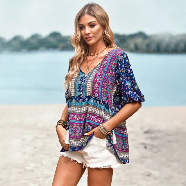 Women's Fashion Printed Shirt Commuter V neck Top Navy Blue - Shop at LoveMi