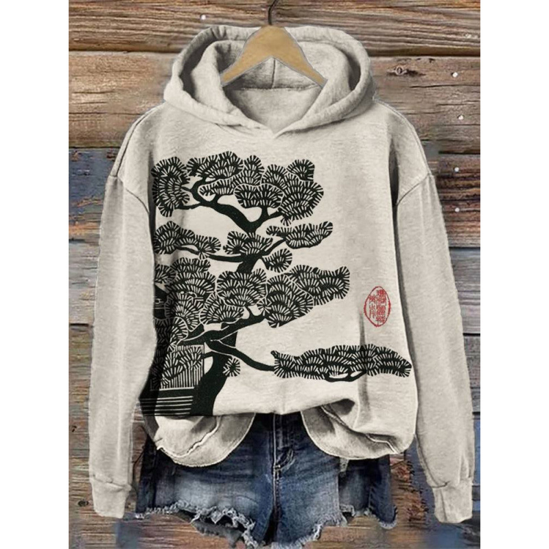 Womens Printed Hooded Long-Sleeve Pullover Sweatshirt