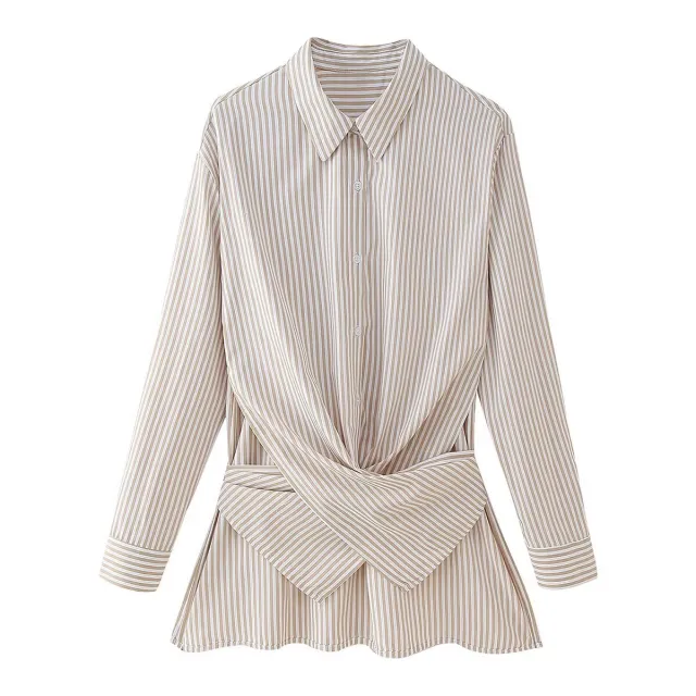 Fashion Loose Striped Lace up Multi color Long Sleeve Shirt Khaki - Shop at LoveMi