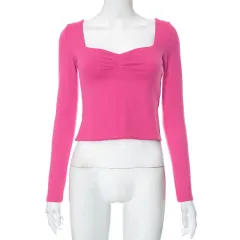 Autumn Ins New Solid Color Square Collar Long Sleeve Pleated Side Slit Top T-shirt For Women - Light Rose Red - View 1
