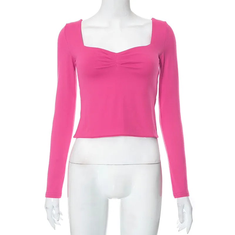 Autumn Ins New Solid Colour Square Collar Long Sleeve Pleated Side Slit Top T-shirt For Women - Rose