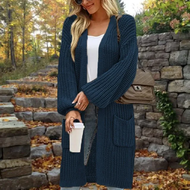 European And American Loose Lantern Sleeve Sweater Women's Cardigan Mid length Autumn And Winter Pocket Coat Navy Blue - Shop at LoveMi