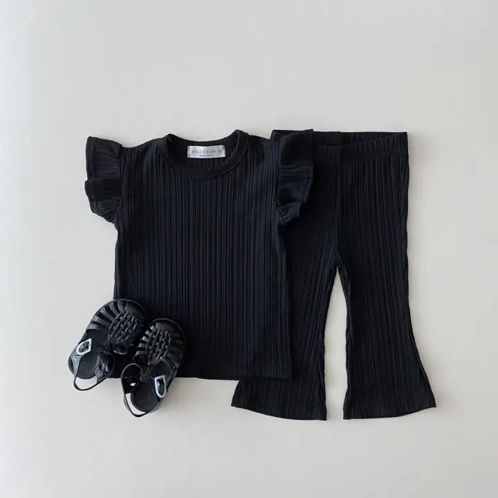 Korean Style Children's Clothing Thin Flounced Sleeve T-shirt Bell-bottom Pants Suit