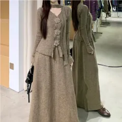 3D Flower V-neck Ribbon Long-sleeved Knitwear High-waisted Slim-fit Set - Khaki - View 1