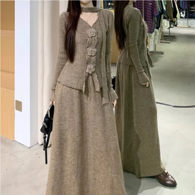 3D Flower V neck Ribbon Long sleeved Knitwear High waisted Slim fit Set Khaki - Shop at LoveMi