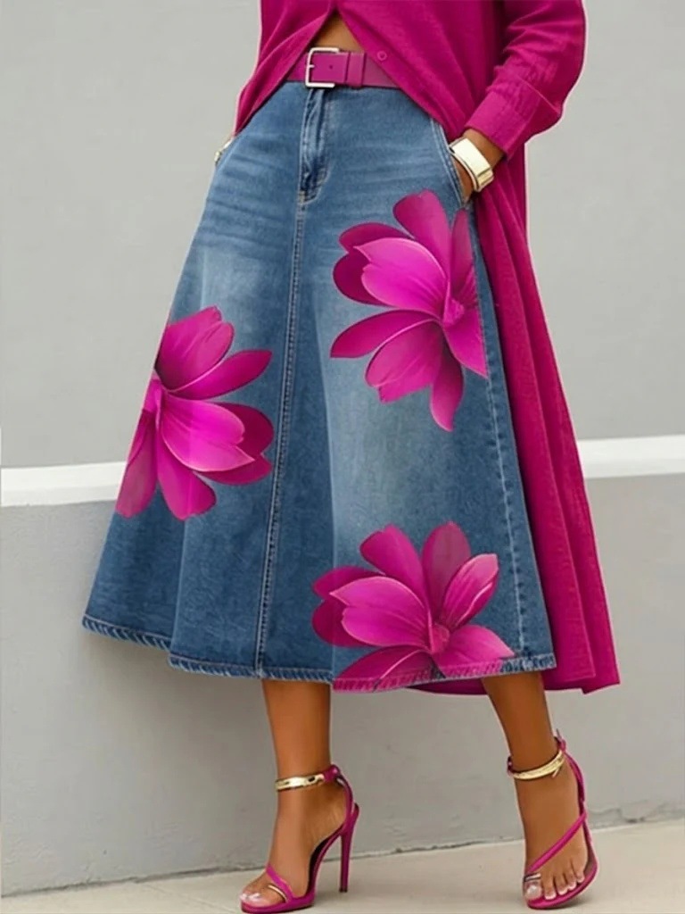 Women's A-line floral skirt in Orange Flowers – summer brunch styling with linen blouse and block heels