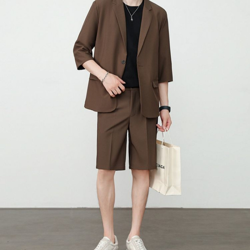 Thin Short-Sleeve Suit Mens Casual Cropped-Sleeve Jacket Half-Sleeve Suit Set