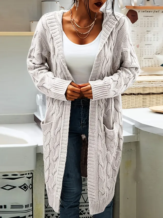 Women's Twisted Design Pocket Long Sleeve Sweater Solid Color Casual Coat White - Shop at LoveMi
