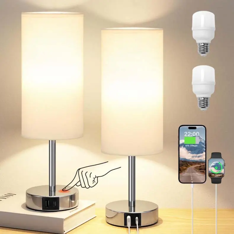 Linen Round Table Lamp Touch Dimmer Switch