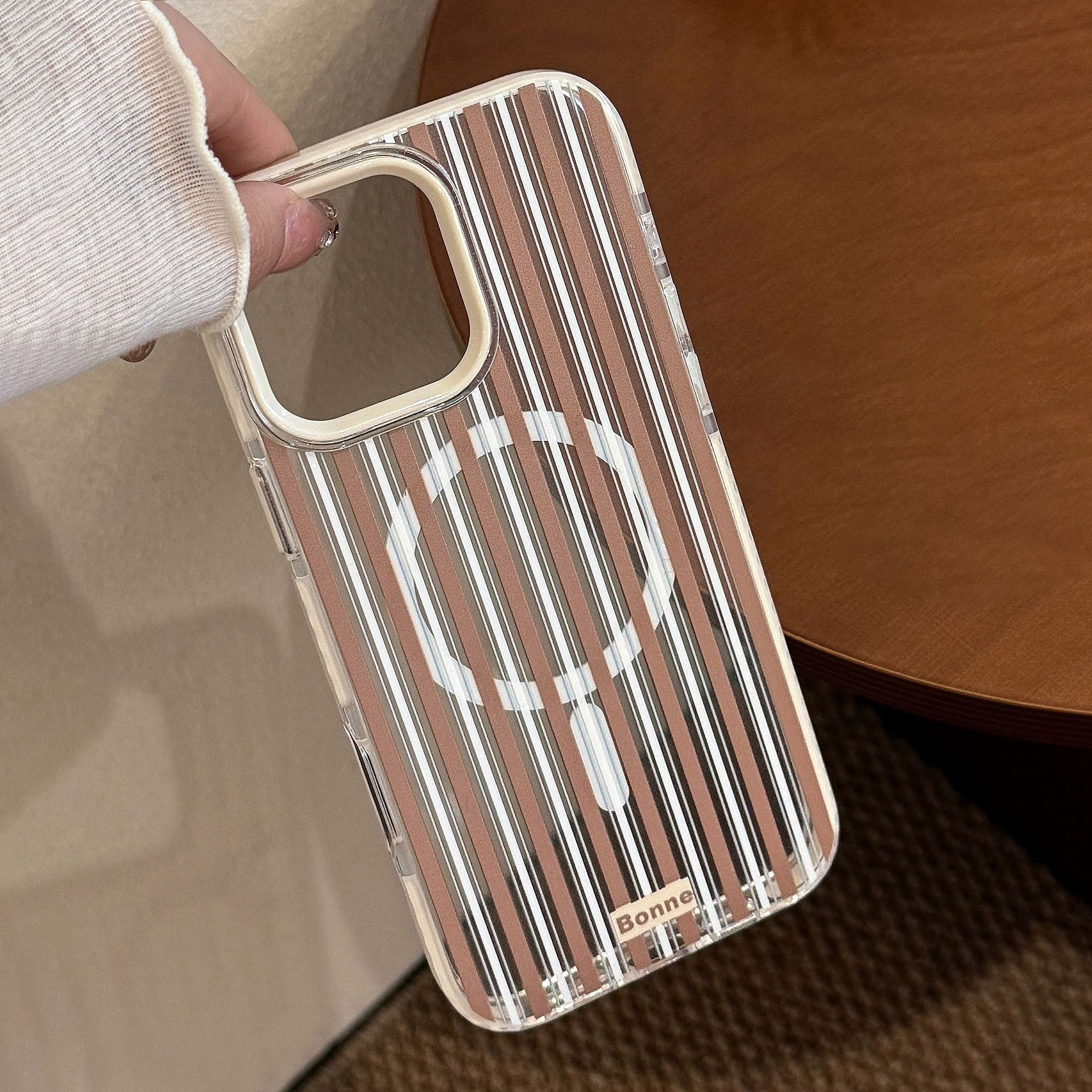 Striped Magnetic Transparent Phone Case With Rotating Bowknot Stand