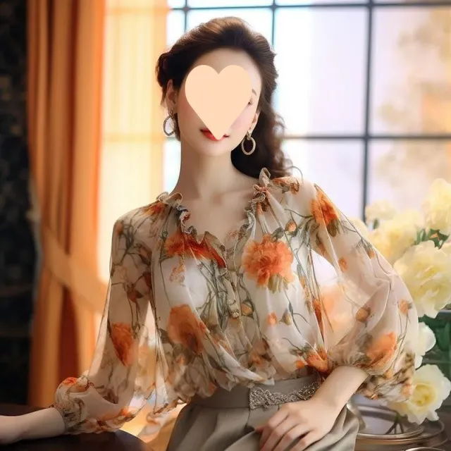 Wooden Ear Puff Sleeve Printed Chiffon Shirt Top Orange - Shop at LoveMi